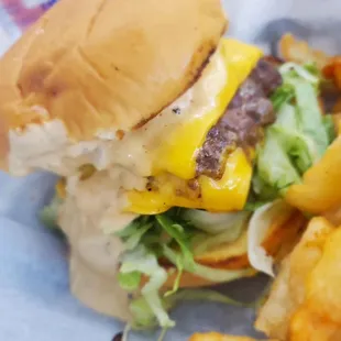 cheeseburger and french fries