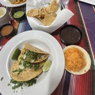 Carnitas Tacos with Rice and Refried Black Beans