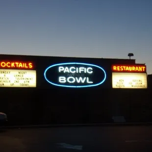 neon signage for pacific bowl