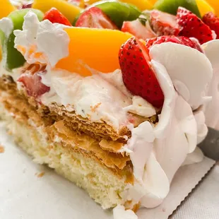 a piece of cake with fruit on top