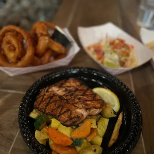 Yellowtail Plate with Seasonal Veggies and Onion Rings