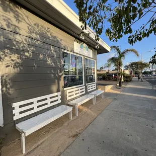 a bench outside a building