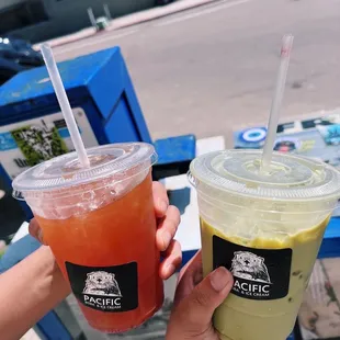 Left: Strawberry Black Iced Tea (small size) Right: Vanilla Rose Matcha (small size)