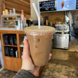 Iced latte with oat milk and coconut syrup