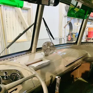 Passenger seat next to driver in retired Greyhound