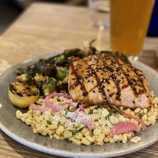 Fresh Catch: Arctic Salmon Umami-Miso Glazed with Thai Brussels and Mexican "eloté" corn