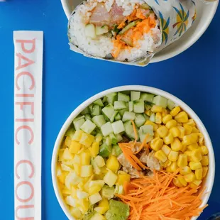 two bowls of food and a drink