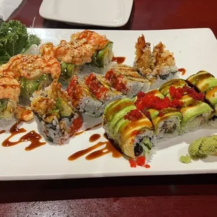 Manhattan Roll (back) Shrimp Tempura Roll (middle) Green Dragon Roll (front)