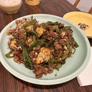 Pork Belly, Egg, Pepper Stir Fry! AMAZING 10/10! Super flavorful and nice to eat!
