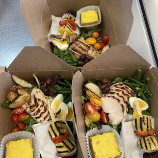 Grilled chicken nicoise salad w/saffron pistachio blondies
