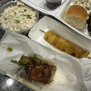 Adobe salmon, Mac salad, and pineapple