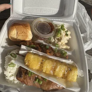 2 meat plate with chicken, salmon, and grilled pineapple