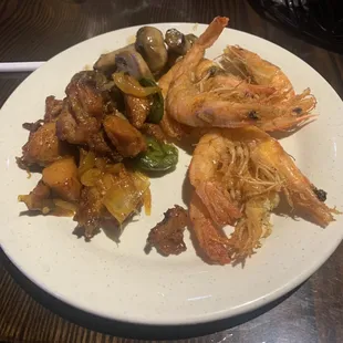 Fried shrimp and stir fried mushrooms