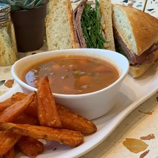 Chipotle Roast Beef Ciabatta with Garden Vegetable Soup &amp; Sweet Potato Fries