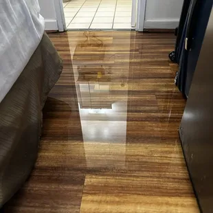 The water coming out of the bathroom into the main area.