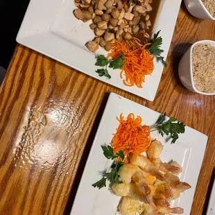 Top plate: Kung Pao (China) Chicken Dinner Bottom plate: Honey Sesame Shrimp (Pacific Paradise) ? I think  Bowls: Plain Fried Rice