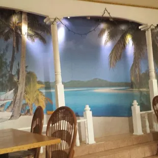 Beachy island theme going on here. Pleasant interior.