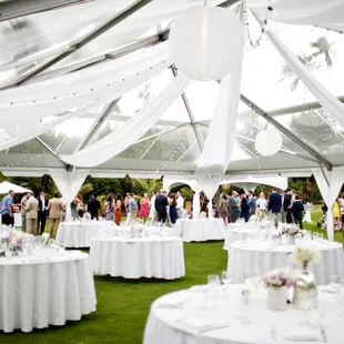 White draping under a clear top tent with Cafe lights and Lanterns