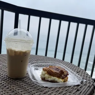 Iced white chocolate raspberry mocha and a breakfast sandwich