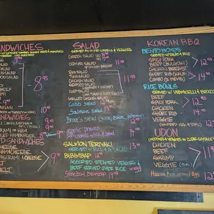 Menu: sandwiches, salad, Korean BBQ, Udon