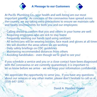 Letter to our Customers about Coronavirus Safety