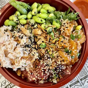 Gluten free poke bowl with salmon and ahi