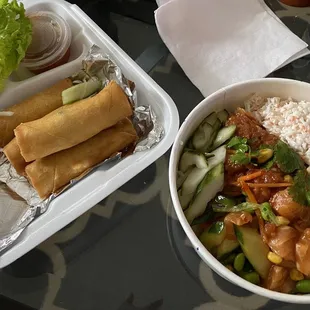 Eggs rolls, salmon + spicy tuna bowl.