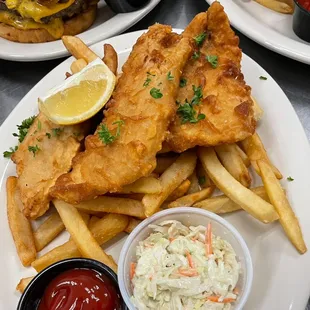 Fish &amp; Chips: Beer battered Cod fillet, coleslaw, french fries