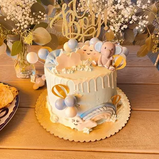 Cake for baby shower- this was a vanilla cake with lemon mousse filling. The cake was moist and delicious, tasted homemade.