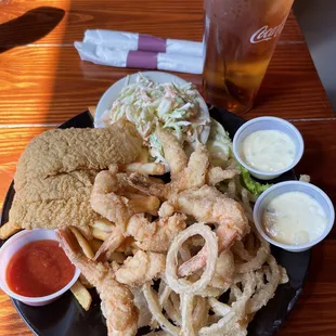 Fish and shrimp plate. It was perfectly cooked and just the way I like my seafood. Delicious!