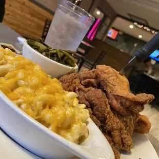 Buttermilk fried chicken, Mac and cheese and collard greens with cornbread.