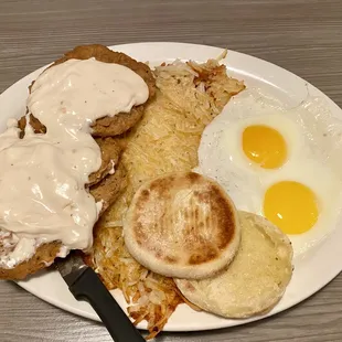 Country Fried Steak Breakfast with Sausage Gravy, Hashbrowns, English Muffin, and Sunny Side Eggs - Pacific Southern Restaurant