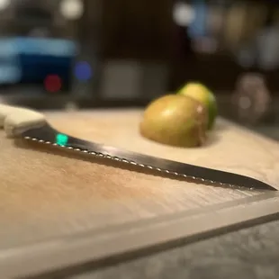 a knife on a cutting board