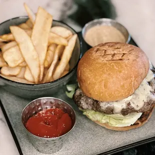 PSP Burger with Wagyu beef, lettuce, tomato, red onion, white cheddar, maynard, fries at Pacific Standard Prime steakhouse, Redondo Beach
