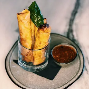 Crispy Lumpia, with ground Wagyu beef, Beeler's pork, cabbage, carrots, ginger, sweet &amp; sour at Pacific Standard Prime in Redondo Beach