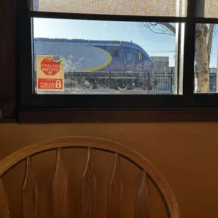 Amtrak train from window of Pacific Cafe