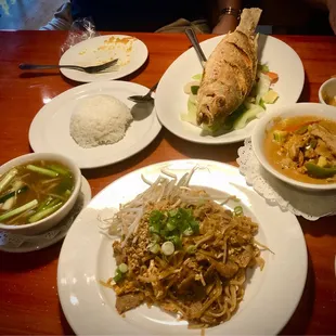Pad thai, whole fish with garlic sauce, panang curry