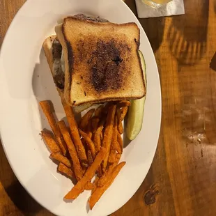 Patty melt with sweet potato fries