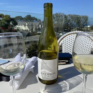 a glass of white wine and a bottle of wine