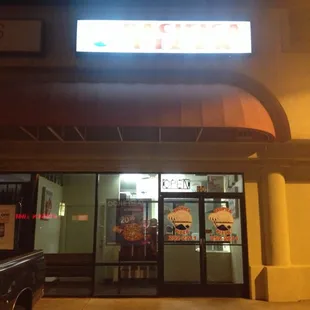 Store front at night.