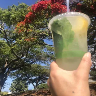 a hand holding a cup with a drink in it