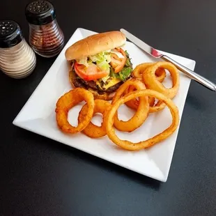 Burger &amp; Choice of onion rings or fries
