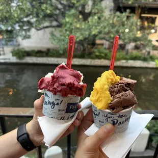 Left: raspberry sorbet and lemon sorbet Right: mango sorbet and chocolate
