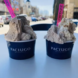 Coffee &amp; brown sugar waffle cone (left)  Tiramisu &amp; Canella (right)