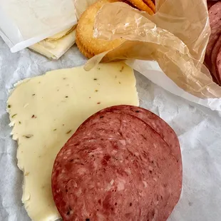 Summer Sausage, pepper jack cheese and ritz crackers