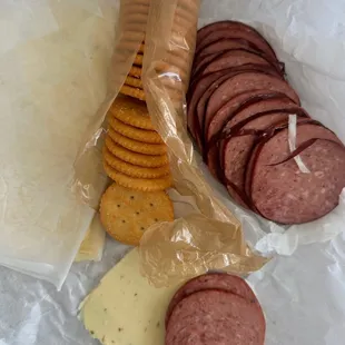 Summer Sausage, Pepper Jack cheese and Ritz crackers