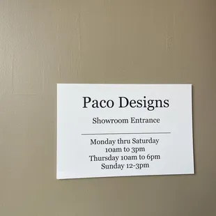 Paco Designs hours of operation
