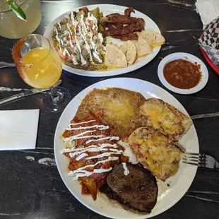 The Mexicana and Chilaquiles with Chile Verde. House Margarita and Mimosa(orange and peach) with some of the rim toping on one side to try