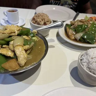Curry Chicken, Lobster with Oyster Sauce, white rice &amp; Pork Fried Rice