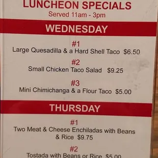 Lunch specials Wednesday &amp; Thursday.